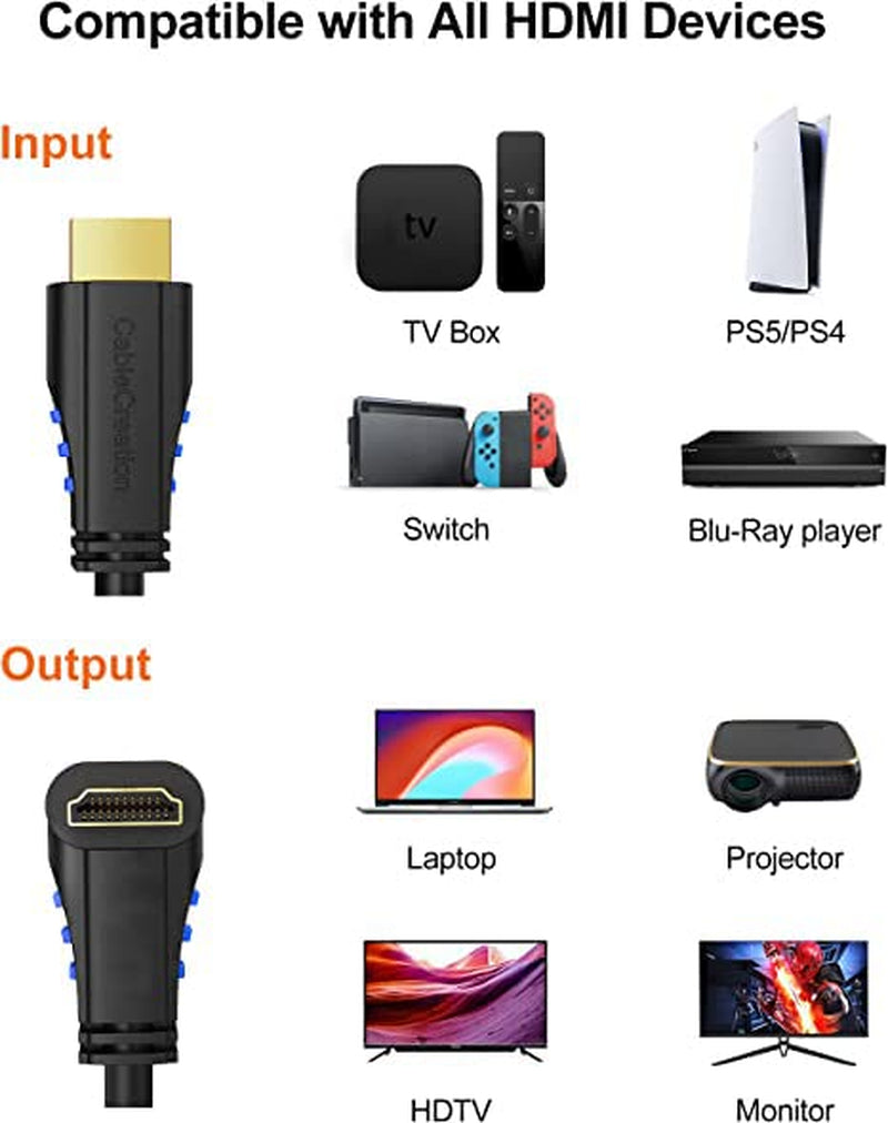 4K HDMI Cable,  6 Feet Right Angle 270 Degree Vertical Right 4K HDMI Cable, Support 4K Ultra HD, 3D Video, Ethernet, Audio Return Channel, Black
